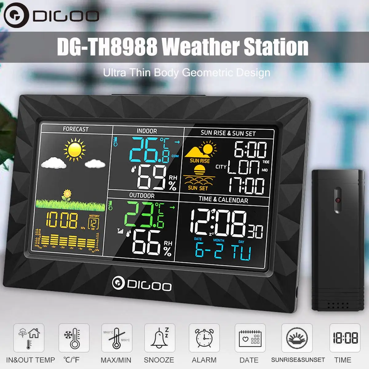 

DIGOO DG-TH8988 LCD Weather Station + Outdoor Remote Sensor Thermometer Humidity Snooze Clock Colorful Sunrise Sunset Calendar