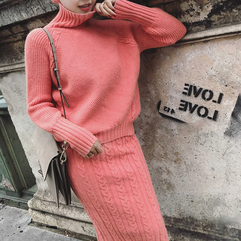 Women Twist Knitted 2 Piece Set Long Sleeve Turtleneck Pullover Sweater + Split Pencil Skirt Lady Runway Knitting Suit | Женская одежда