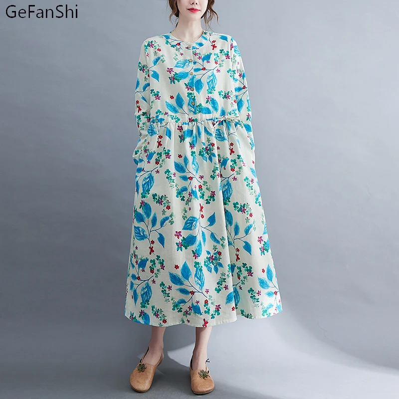 

Женское платье-трапеция до середины икры, повседневное свободное платье из хлопка и льна с винтажным принтом, Новинка осени-весны 2022