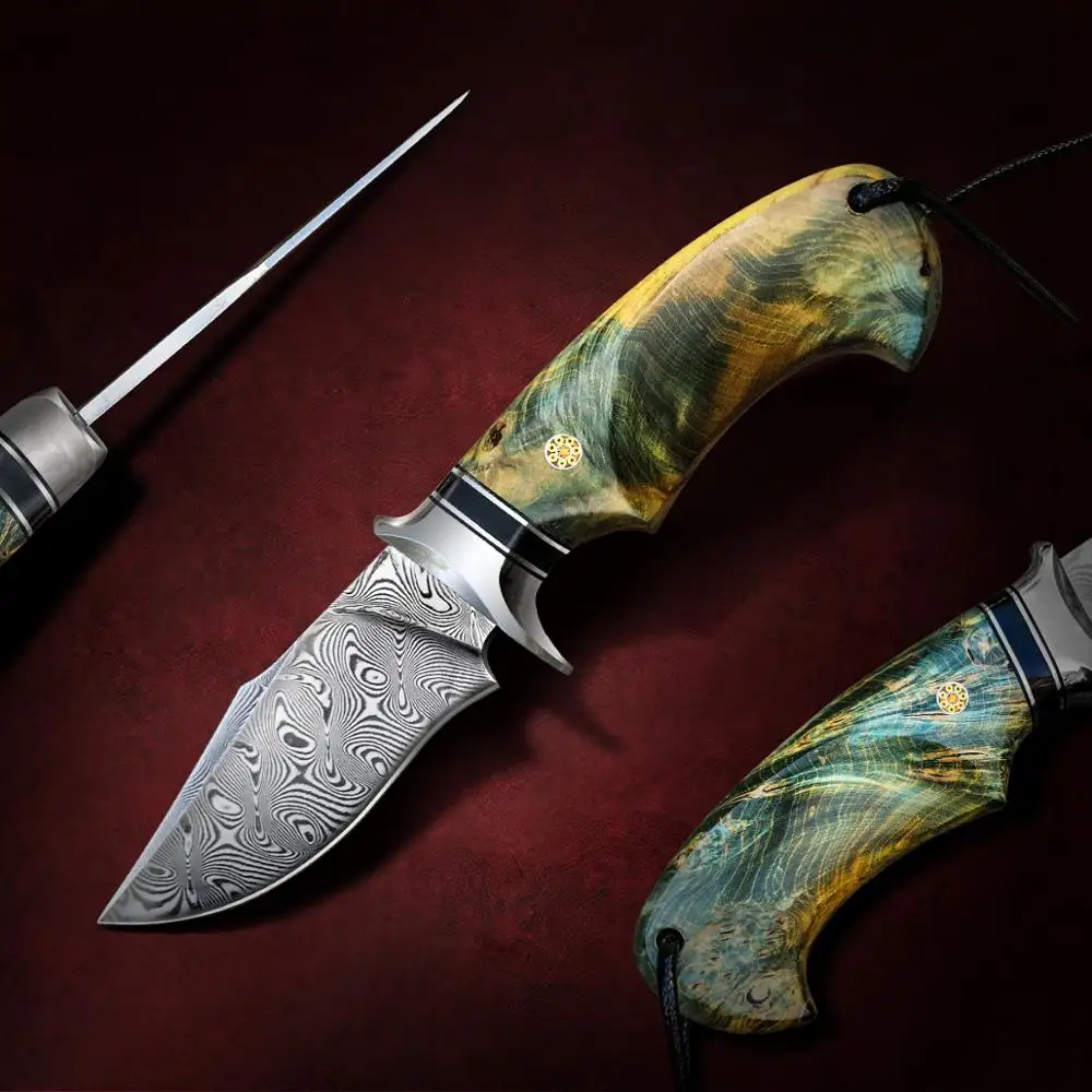 TUREN Damascus Steel Hunting Knife with Sheath 3.6inch Desert Ironwood/Stabilized Wood Fixed Blade Knives Tactical Camping | Инструменты