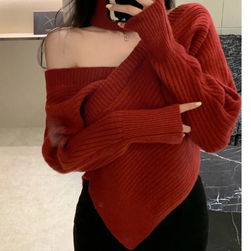 

Сексуальный красный свитер с V-образным вырезом, женский свитер с длинным рукавом, зима 2021, корейский дизайн, чувство неравномерной моды