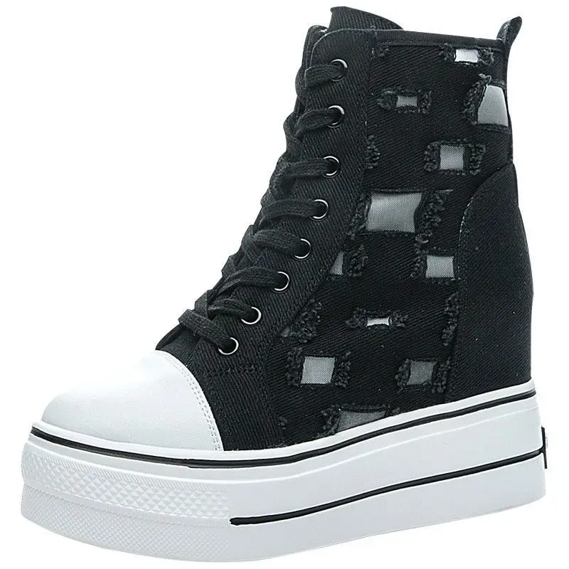 

Net Red Platform Pierced Black High-Top Shoes 2020 Summer New Korean Student Elevator Women's Canvas Shoes