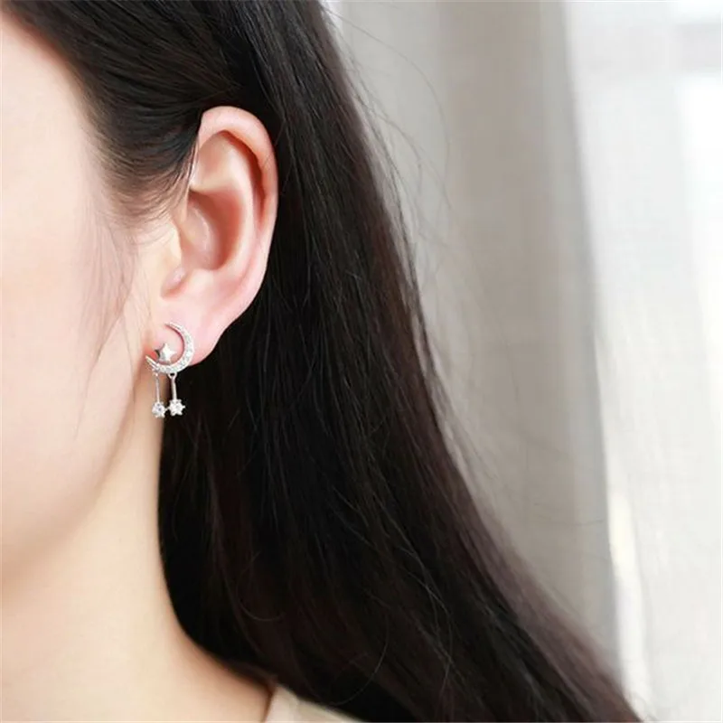 

Real 925 Silver Girls Cute Moon Star Tassel Earrings Korean Style Women Sisters Bright Zircon Setting Stud Earrings Jewelry Gift