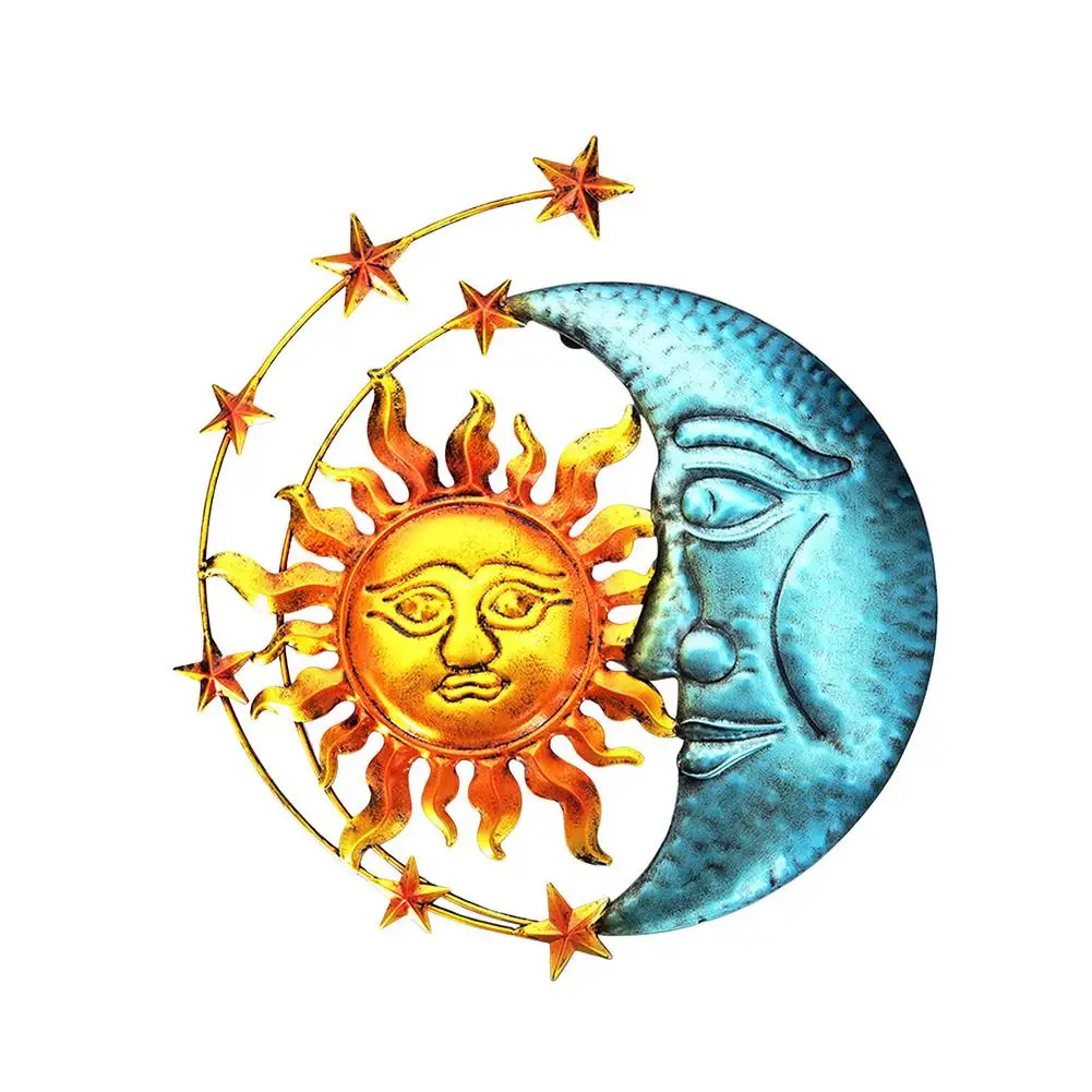 

Wrought Iron Sun Moon Metal Art Hanging Pendant Background Wall Living Room Decor Vintage Ornament For Home Indoor Outdoor Decor