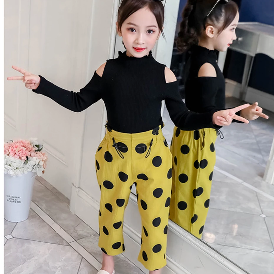 Детская одежда для девочек вязаный свитер и штаны в горошек наряды с открытыми