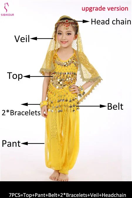Yellow 7pcs 8 цветов детский набор костюма для танца живота Восточные Танцевальные костюмы для девочек Египетский Болливуд индийский танец живота одежда - Цвет: Yellow 7pcs
