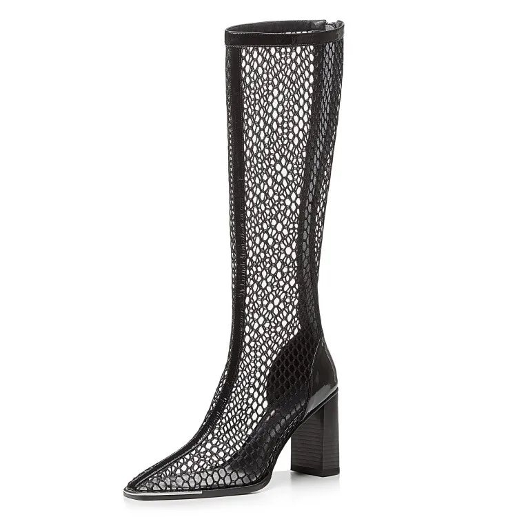 

2021 patent leather hollow high net boots thick heel pointed net long cool boots women Roman boots summer boots