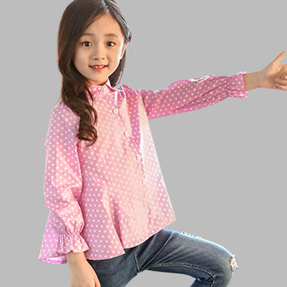 Блузка для девочек с большим бантом в горошек рубашки на весну и осень детская