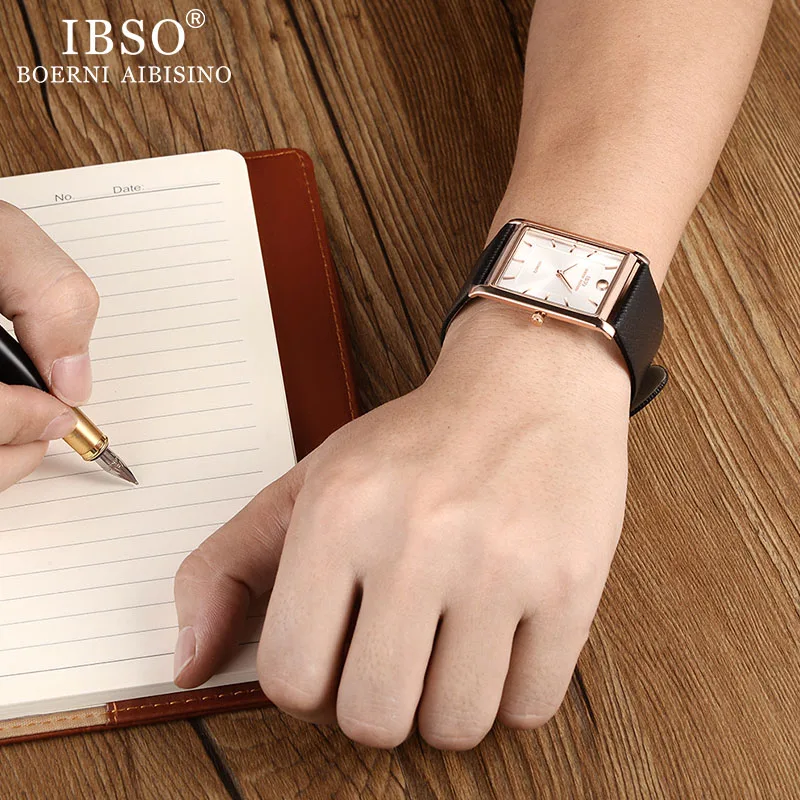 IBSO, Брендовые мужские кварцевые часы с кошельком, набор, 7 мм, ультра-тонкий Прямоугольный циферблат, кварцевые наручные часы с ремешком из натуральной кожи, подарочный набор