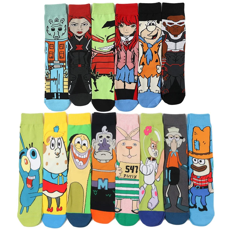 48 Style Happy Funny Socks Cartoon Anime Men Socks Personality Cool Crew Socks Street Fashion Skarpety Sewing Pattern Fuzzy
