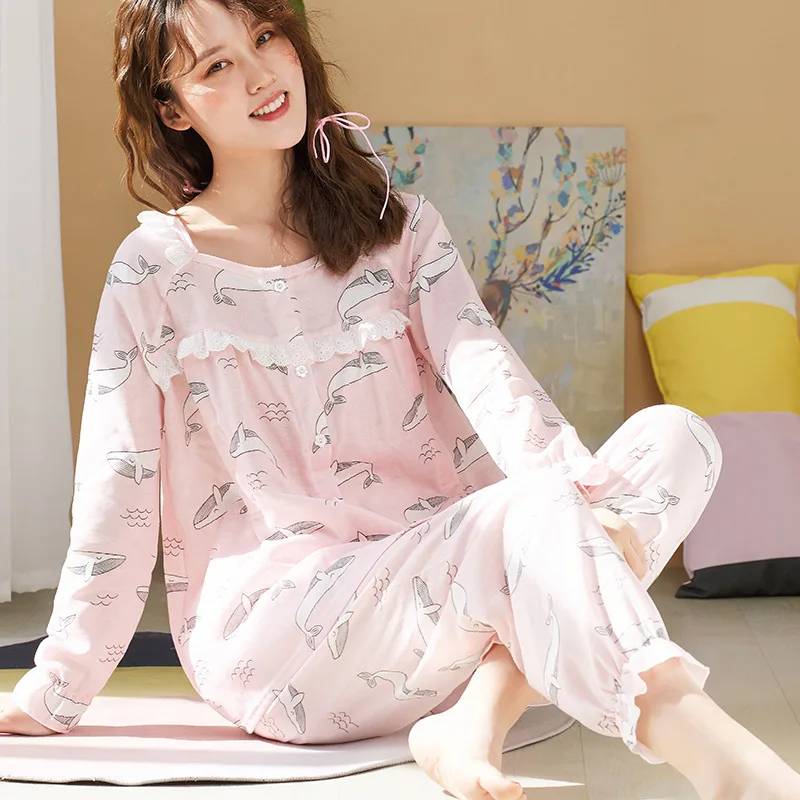 

Summer delivery service class a baby cotton gauze pregnant women pajamas suit postpartum breast feeding clothing large size