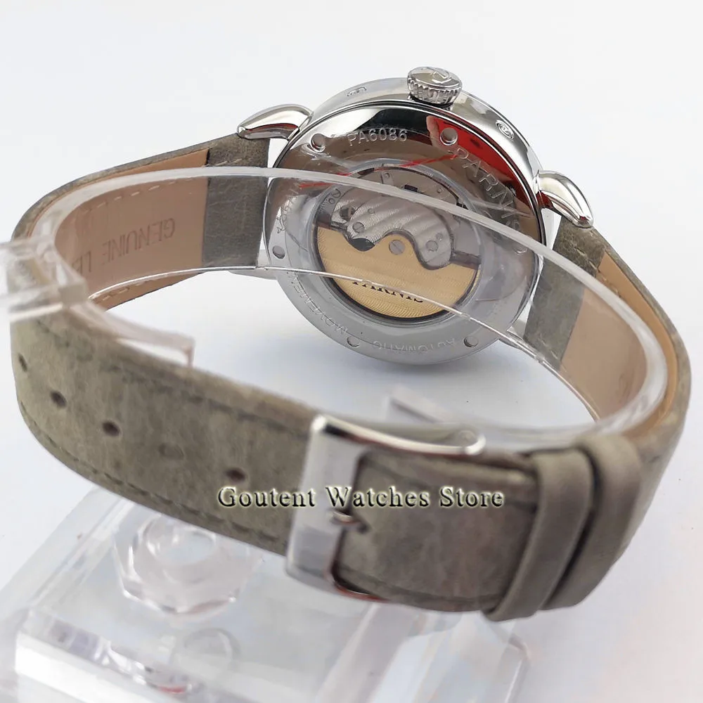 Новые мужские часы Parnis 42 мм GMT топовые брендовые механические серебристый футляр