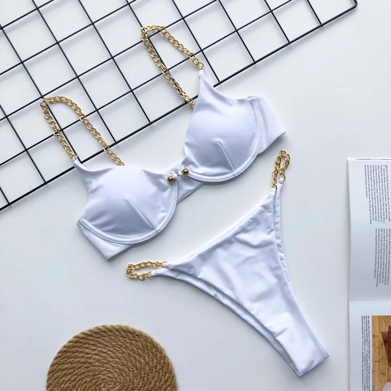 Sexy thong bikini push up Swimwear women 2020 new High rise biquini summer bathers bathing suit Statement chain strap Bikini set | Женская