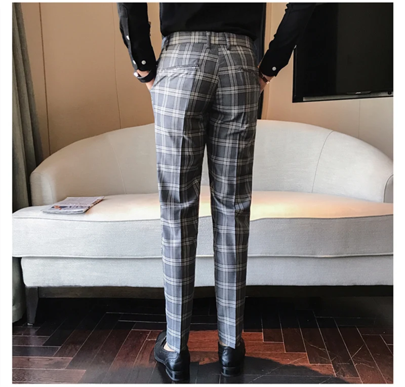 Серый синий мужской Клетчатый костюм брюки Slim Fit лодыжки костюм брюки для мужчин классическое деловое офисное платье формальный клетчатый костюм брюки P13