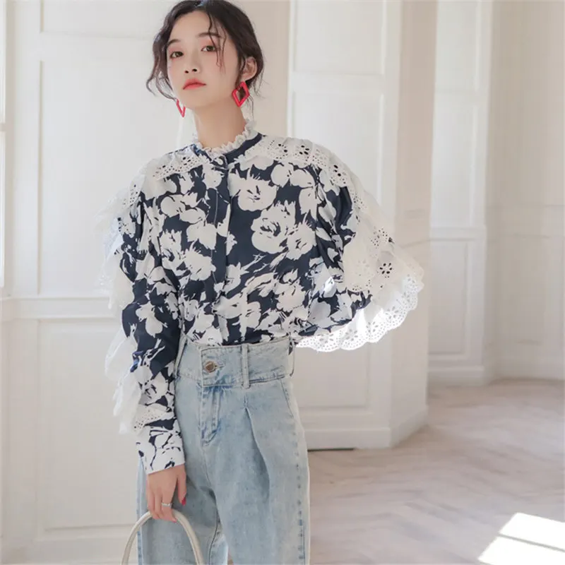 Весна осень новые женские блузки модные с принтом кружевными деревянными ушками