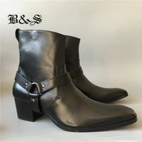 black street new pionted toe genuine leather bukcle strap wedge classic chelsea men boots high heel plus size shoes