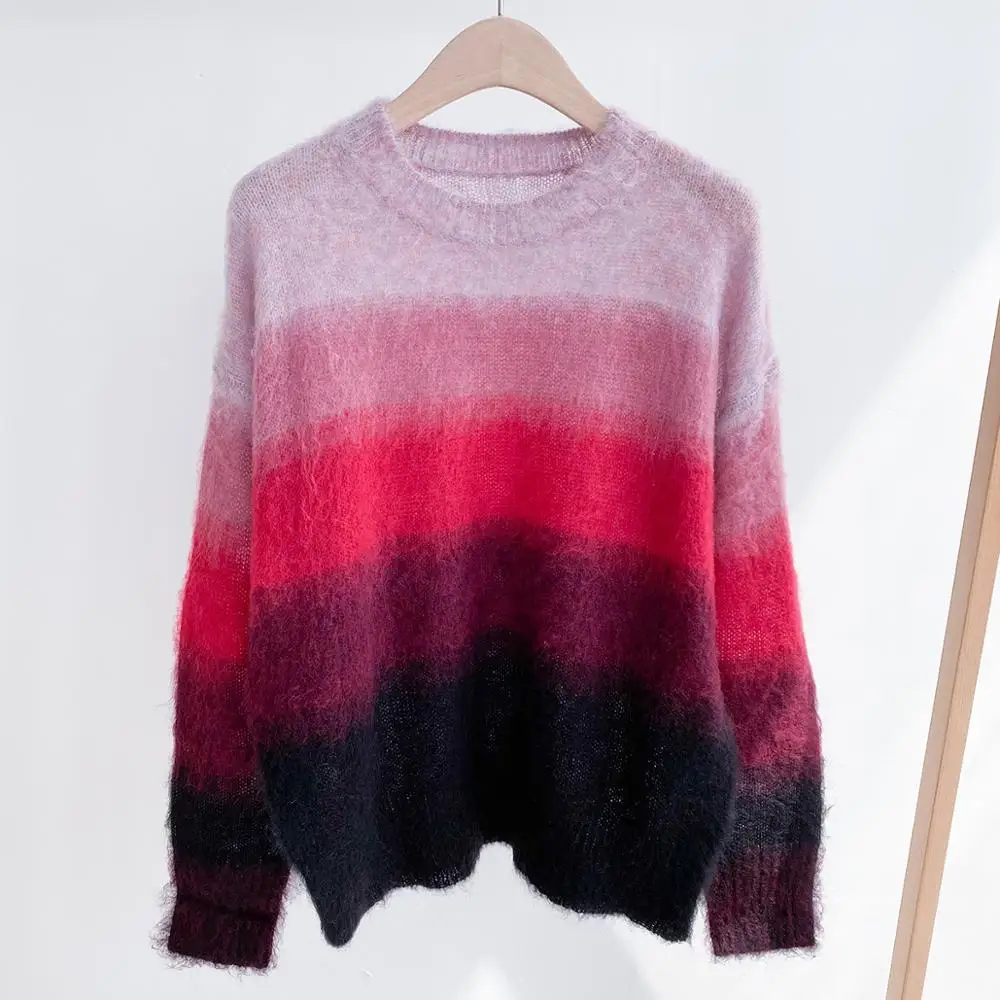 

Rainbow stripes women knit sweater autumn winter new Mohair blend long sleeve o-neck casual sweater