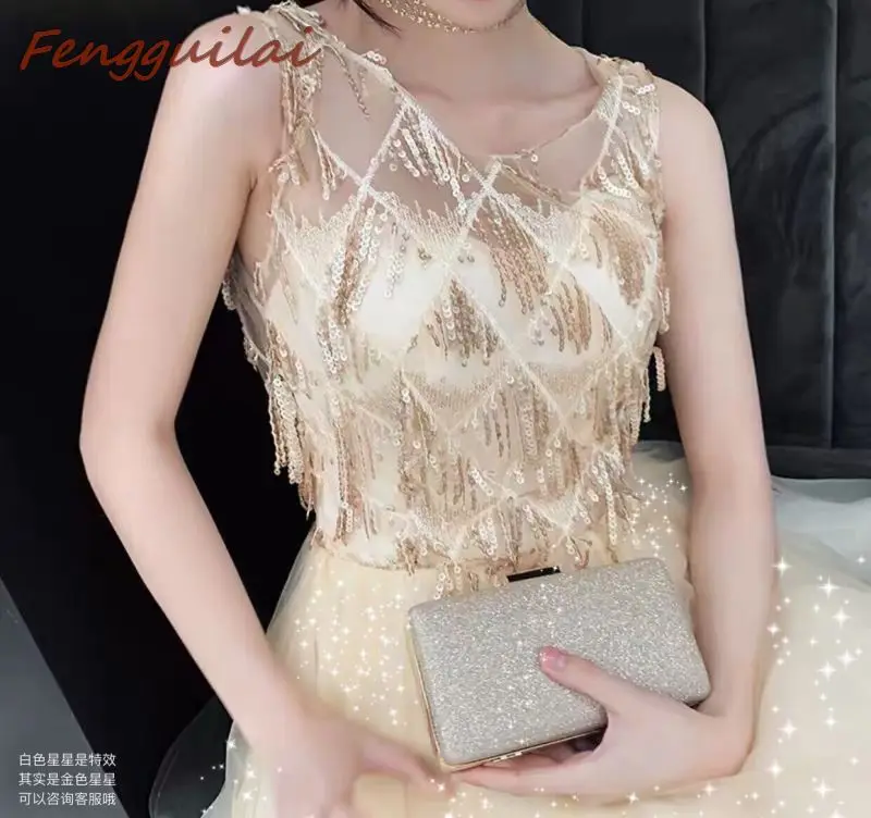 

New Elegant Champagne Sequins Dress Office Ladies Evening Party Luxury Long Dress Chic Side Drop Ruched Wrap Club Vestidos