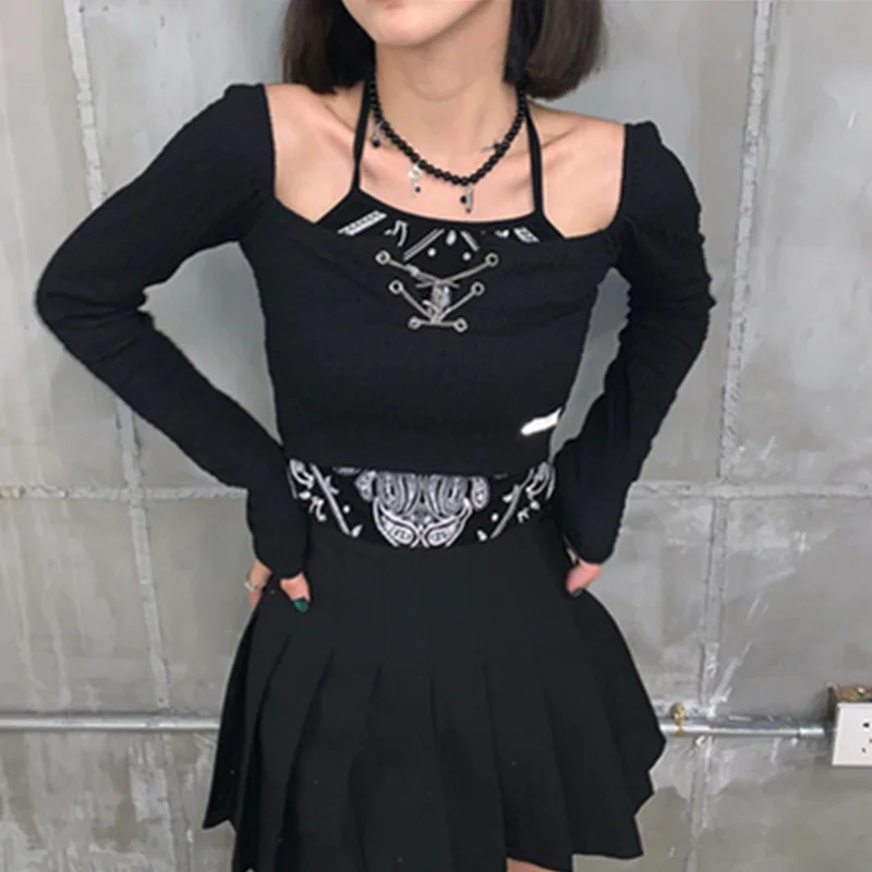 

Autumn Hot Girl Girl Halter Irregular Short Long Sleeve Fashion All-match Sexy T-shirt Top