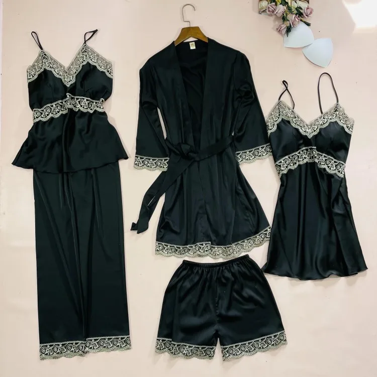

Women Satin Sleepwear 5PCS Pajamas Set Trim Nightwear Sexy Home Clothes Spring Thin Pyjamas Kimono Bathrobe Gown With Bra Lace