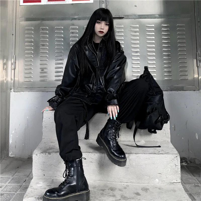 

Autumn Faux Soft leather Motorcycle jacket Women's Loose Fashion Big pocket Punk Gothic Biker Black leather outerwear Streetwear