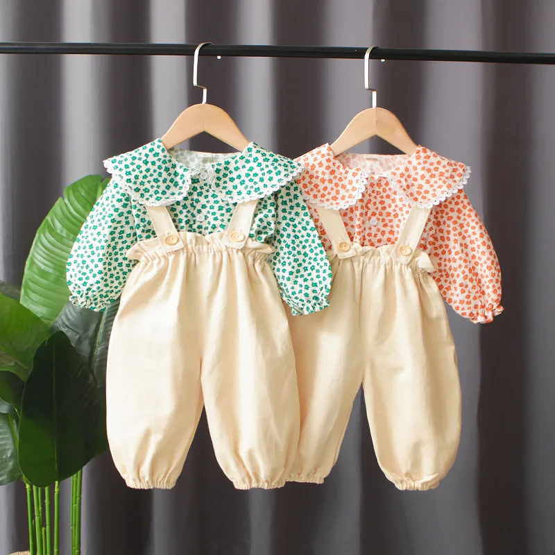 

2021 spring and autumn new girl's clothing floral turn shirt suspender skirt two-piece western-style baby girl retro girl suit