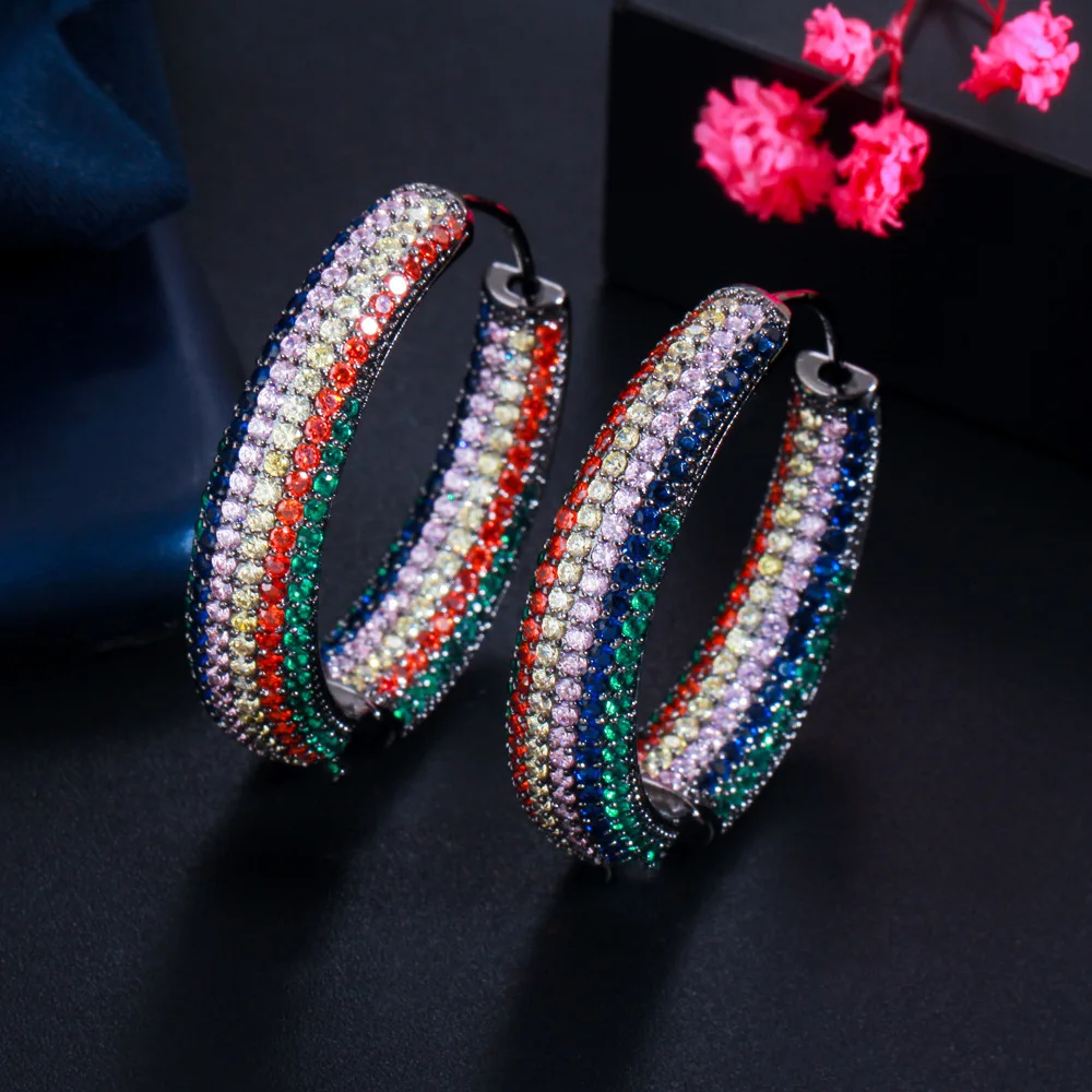 

Zircons Black Gold Color Blue Red CZ Pave Setting Round Large Hoop Earrings for Women Statement Party Wedding Jewelry