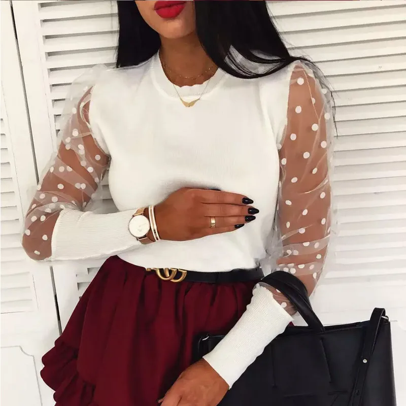 Women Puff Mesh Sleeve Tops Pullover Sweater 2019 Autumn Warm Knitwear Fashion Female Slim Long Jumper | Женская одежда