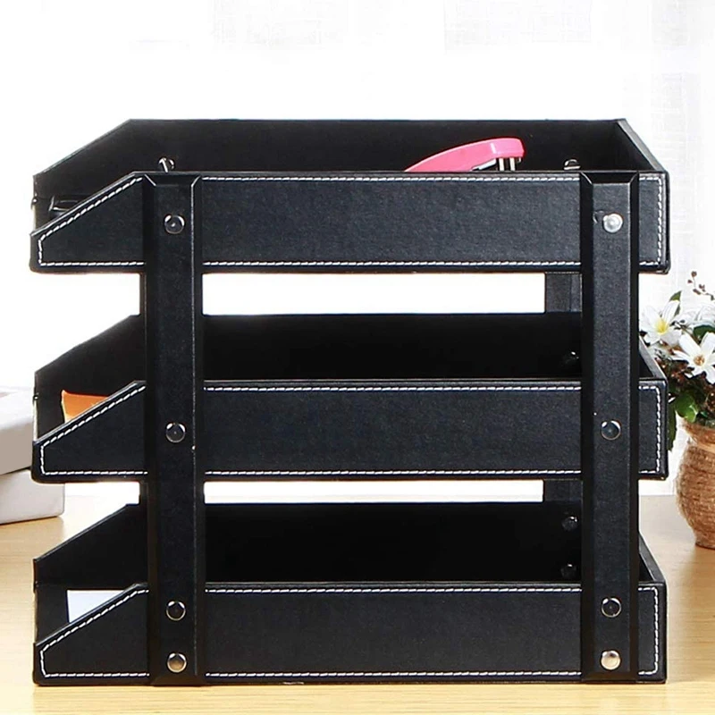 

1 Pcs 3-Tier Stacking Leather Letter Trays Office Desk Supply Organizer & 1 Pcs Leather 4 Grid Desktop Stationery Case