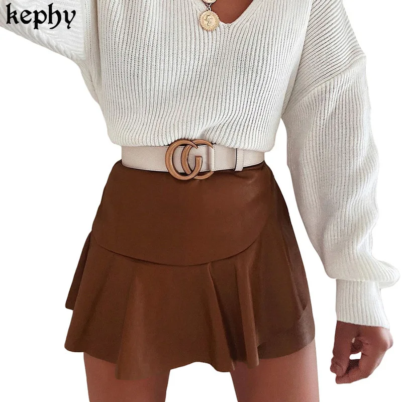 

2021 new women's fashion Spring high waist sexy PU leather skirt women A-Line mini skirts korean style pleated pleated skirt