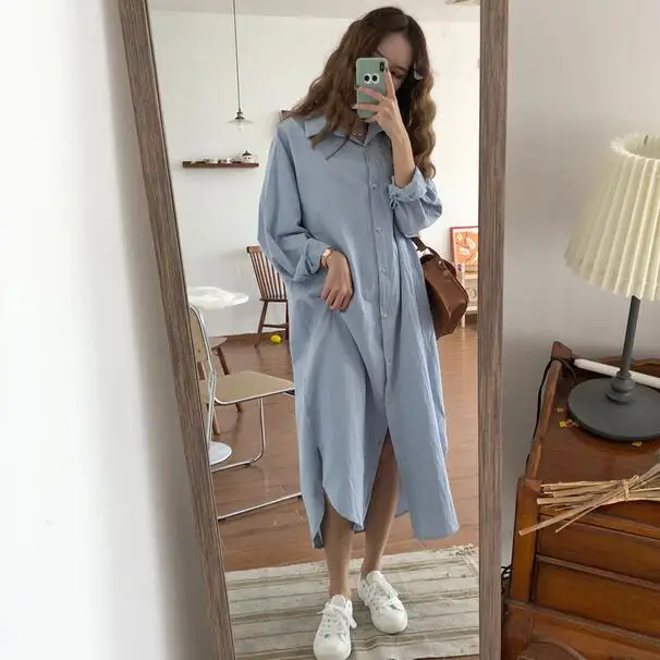 Винтажное осеннее длинное платье женская рубашка с отложным воротником