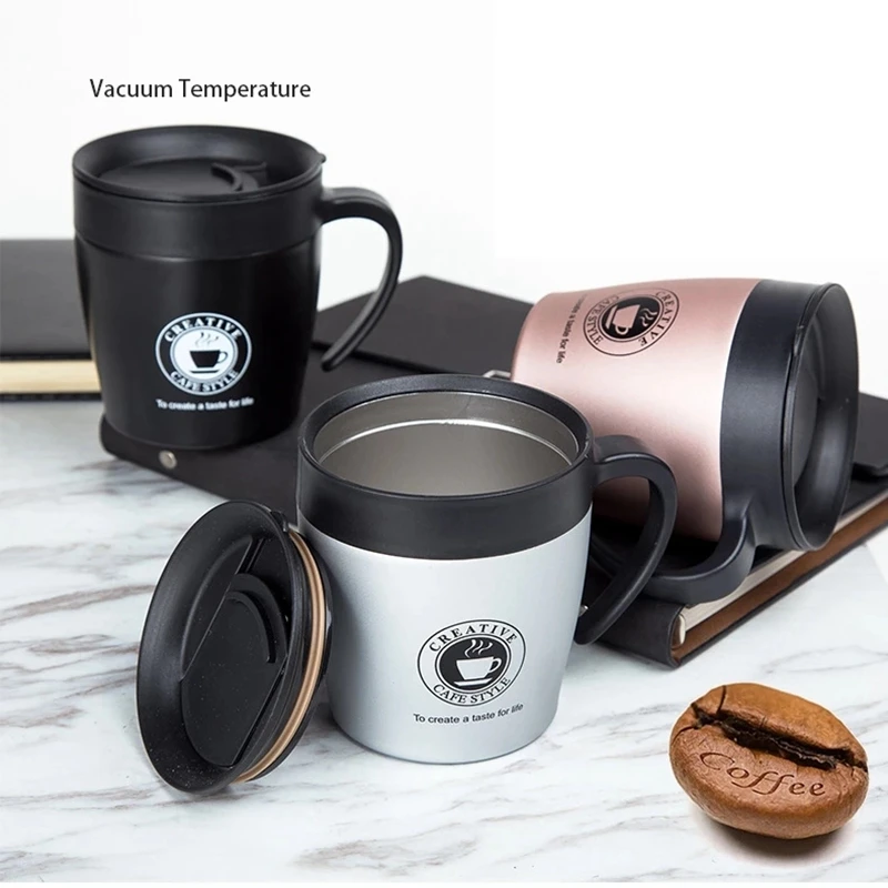 

New 304 stainless steel vacuum insulation cup handle with lid spoon office coffee cup creative gift cup