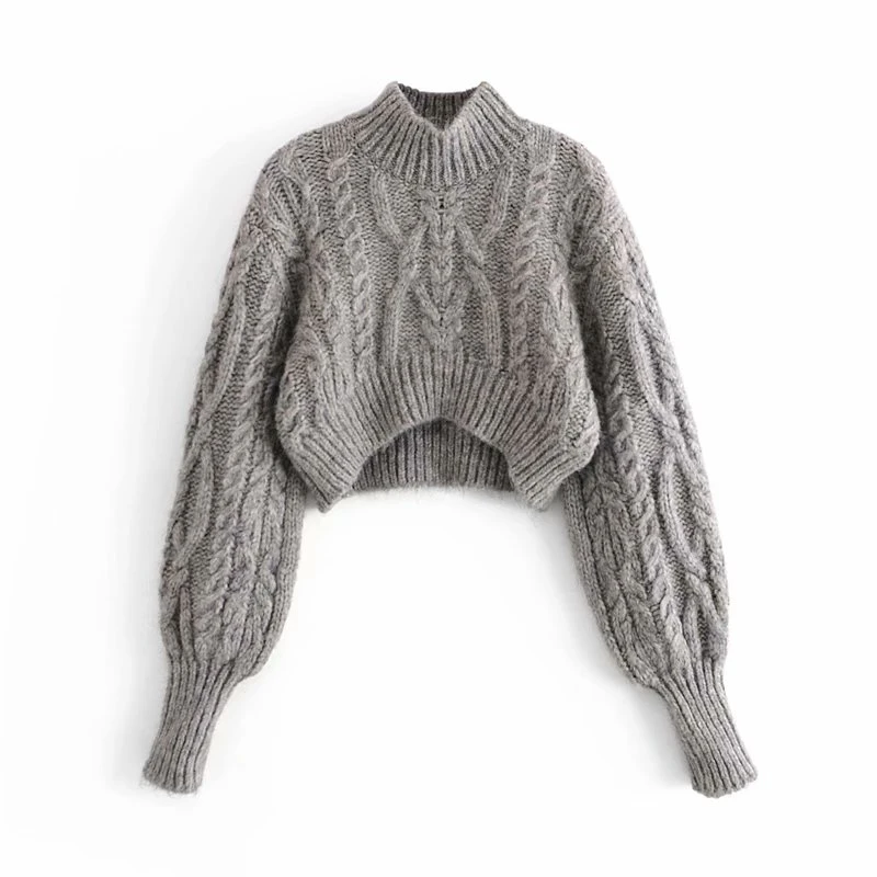 

Elegant Women Grey Twist Sweaters 2020 Fashion Ladies Turtleneck Knitted Tops Streetwear Female Chic Solid Short Pullover