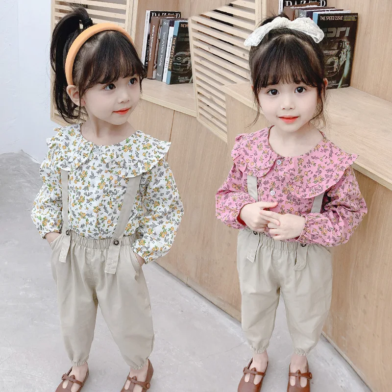 

2021 New Girl Suit Autumn Korean Version of Small Floral Long-sleeved Ruffled Shirt Bib baby Girl Fashionable Two-piece Suit