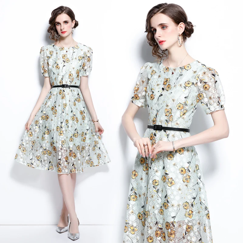 

Simgent Floral Lace Dress Summer Fashion Women Belted A Line Puff Sleeve Midi Long Dresses Woman Clothing Robe Dentelle SG1611