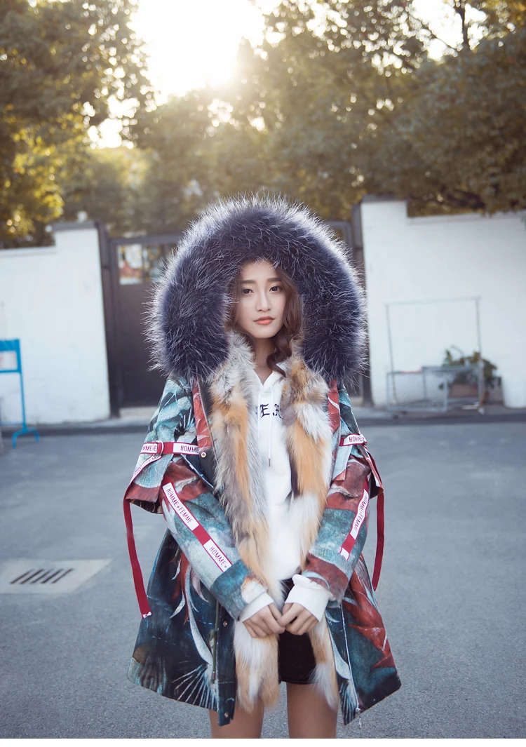 Enlarge RosEvans 2020 Ins Colorful Winter Coats and Jackets Women Real Fur Parka Natural Fox Fur Collar Down Liner Long Thick Warm