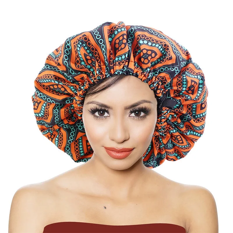 

New African Pattern Print Adjustable Bonnet Women Day Night Sleep Cap Double Layer Satin Turban Extra Large Lady Head Wrap Hat