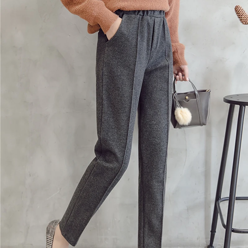 Зимние женские штаны 2019 длинные шаровары корейские повседневные одноцветные с