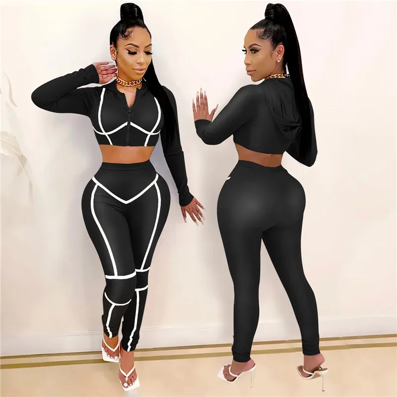 

Women Sports Suit Skinny Zipper Hooded Crop Tops Pants Patchwork Workout Clothes Tracksuit Fashion Outfit Fall Ladies Casual Set