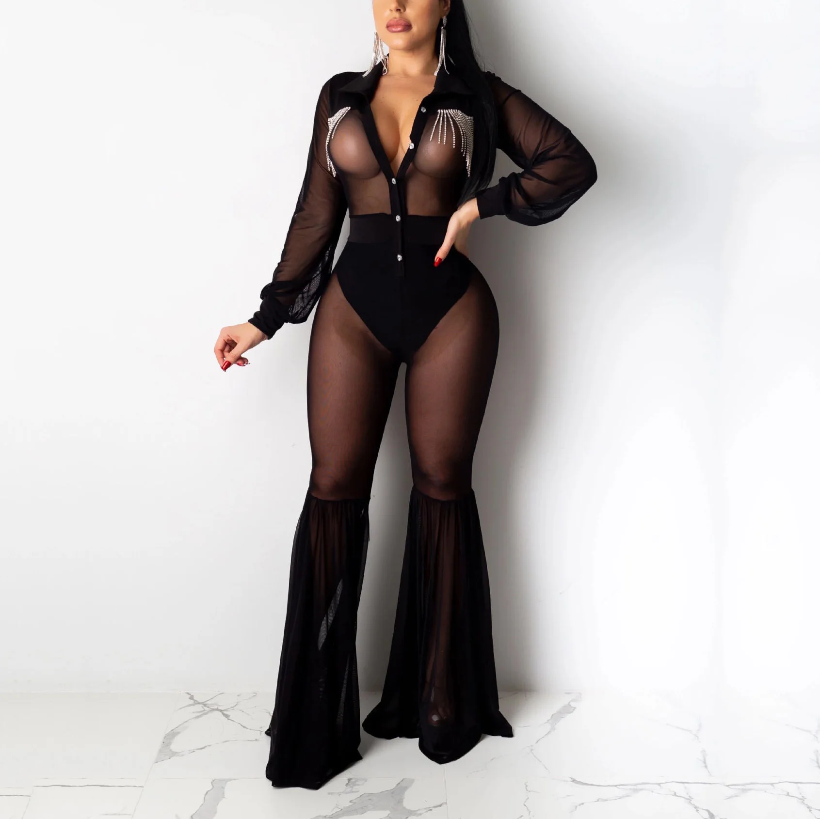 

Комбинезон с длинными рукавами, прозрачный, черного цвета, с отложным воротником, расклешенные брюки на пуговицах, для вечевечерние, клуба