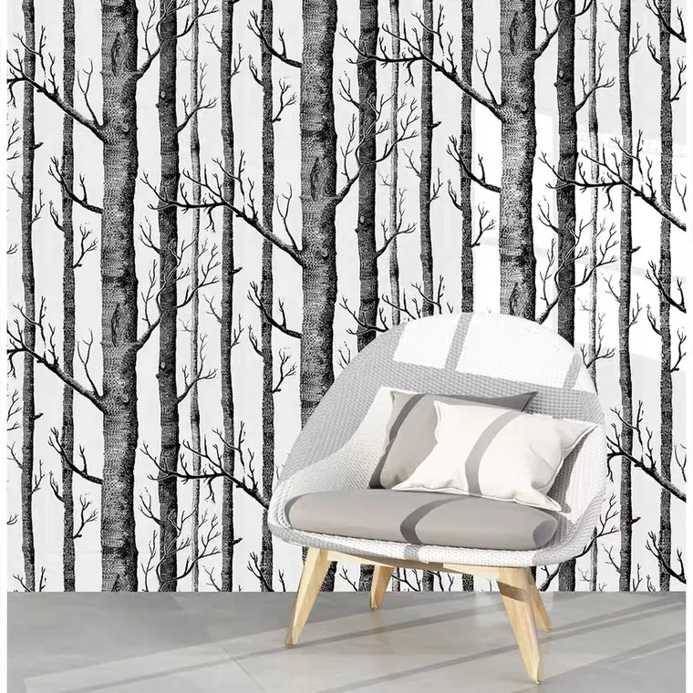 Самоклеящаяся черно-белая Березовая деревянная настенная бумага современный