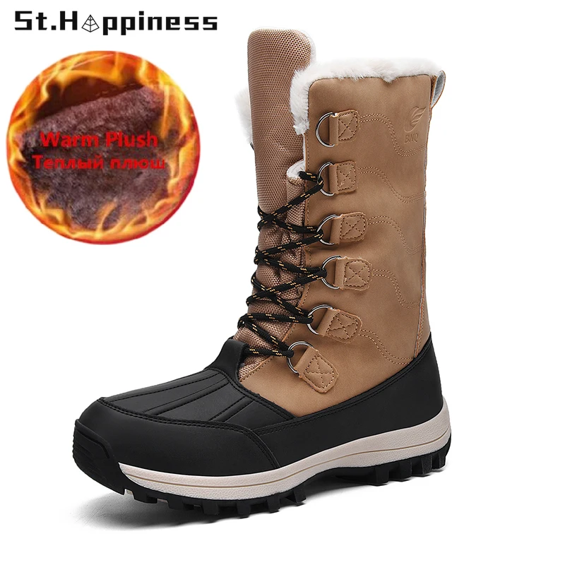 

2021 Winter New Men Boots Outdoor Warm Plush Non Slip Hiking Boots Fashion Waterproof Leather High Top Casual Shoes Big Size 47