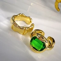 luxury vintage gold color thick geometric green crystal open rings for women girls minimalist style ring retro fashion jewelry