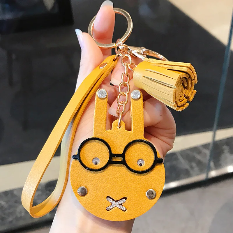 

New 8color FashionCreative Girl Keyring Cartoon Leather Bunny Glasses Car Keychain Cute Tassel Bag PendantKey Chains Wholesale