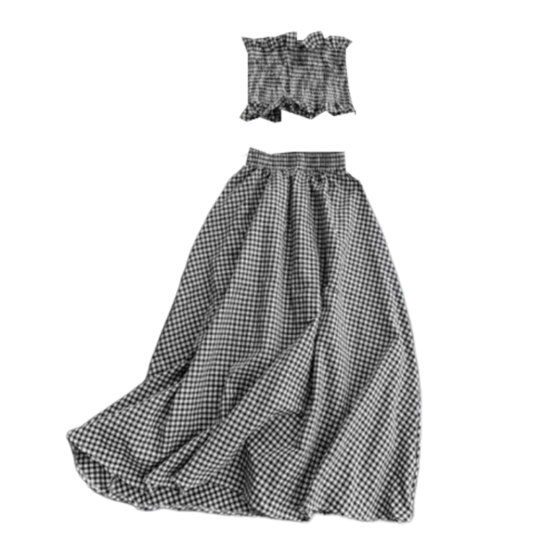 Женский клетчатый Топ SINGRAIN блузка без бретелек с рюшами + А-силуэта миди юбка лето