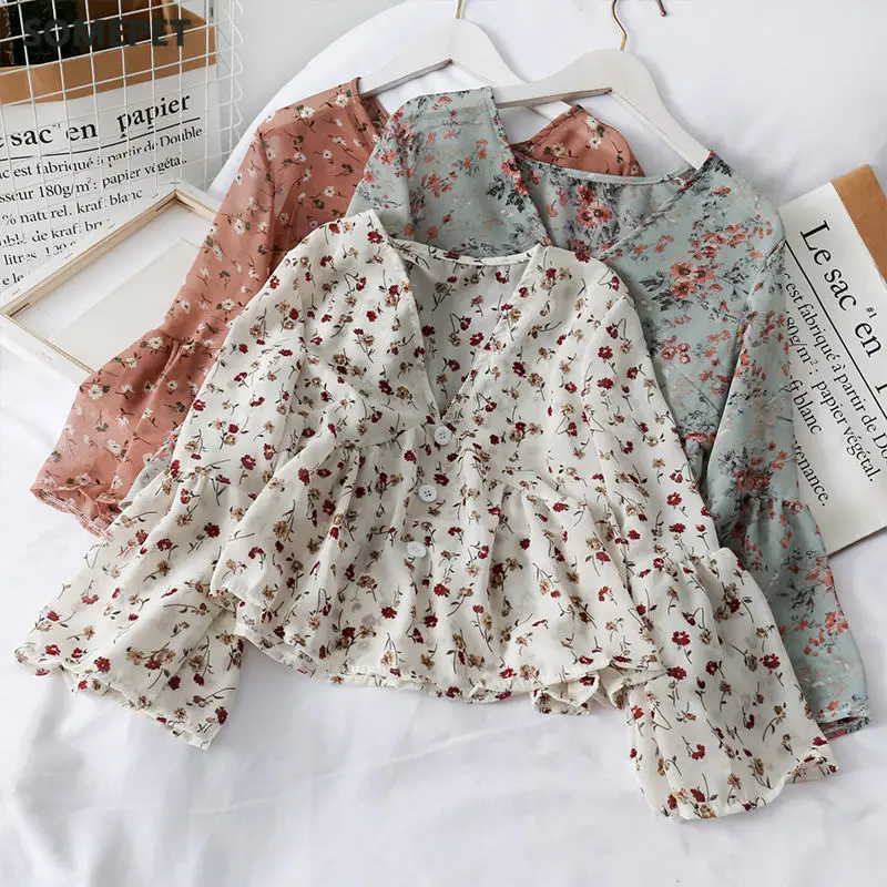 

Blouses Women Temperament Chiffon Floral Soft Retro Summer Chic Ladies Shirts Fresh Popular Trendy Button Femme Clothing