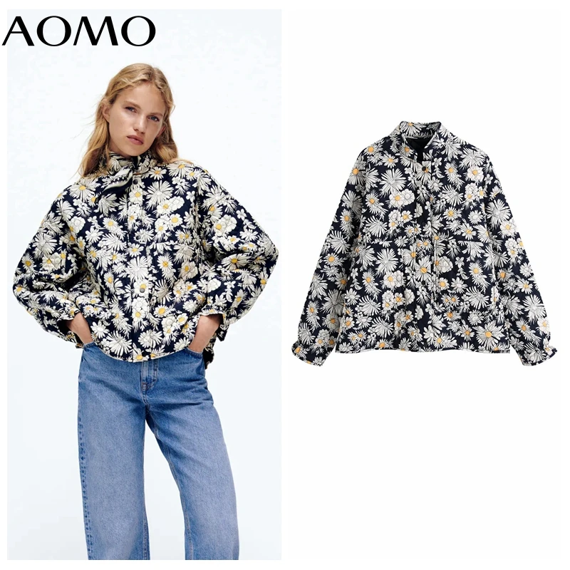 

AOMO 2021 Autumn Women Flower Print Oversized Parkas Cotton Jacket Long Sleeve Female Padded Overcoat BE582A