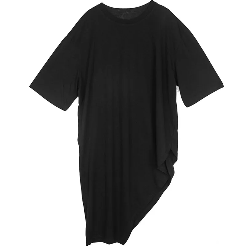 

LANMREM Women New T-shirt Round Neck Short Sleeve Irregular Lage Size Black Series Loose Fit Fashion Tide Summer 2021 2P2138