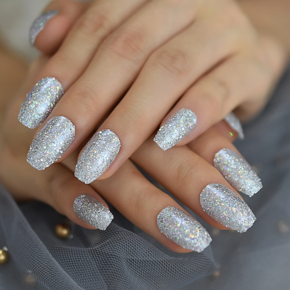 Голограмма Bling цвета: золотистый, серебристый блеск гроб накладные ногти предварительно дизайн красочные блестящие балетки поддельные гвоздь с плоской маникюр ногтей советы 24 шт./компл