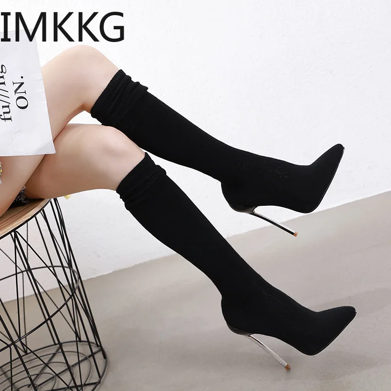 Сапоги выше колена на ультратонком каблуке 12 см с острым носком | Обувь